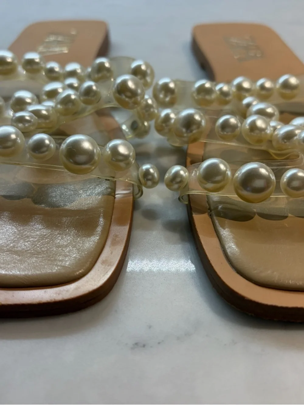 ZARA Clear Pearl-Embellished Women’s Slide Sandals - Beige - Picture 3 of 5